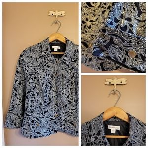 Coldwater Creek. Cotton Print Peplum Jacket. Floral b&w. Wm 12